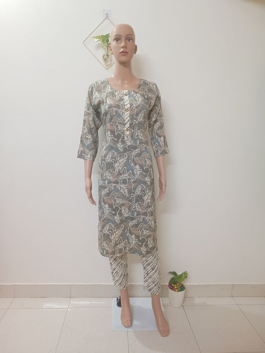 Gray Round Neck Straight Kurta with Pant