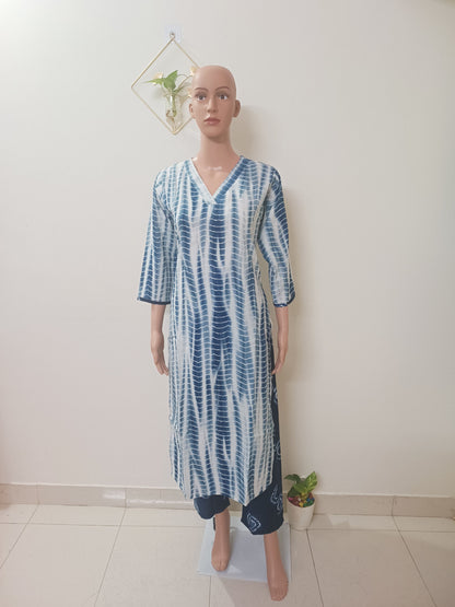 V-Neck Shibori Straight Kurta Palazzos with Dupatta