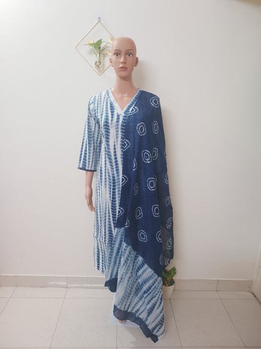 V-Neck Shibori Straight Kurta Palazzos with Dupatta