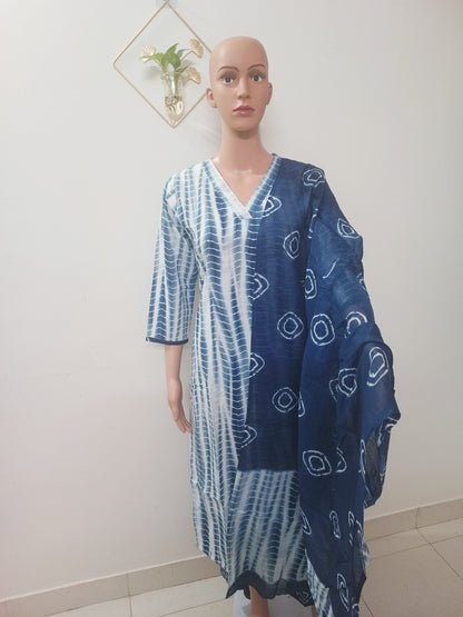 V-Neck Shibori Straight Kurta Palazzos with Dupatta