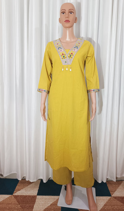 Cotton Embroidered Straight Suit