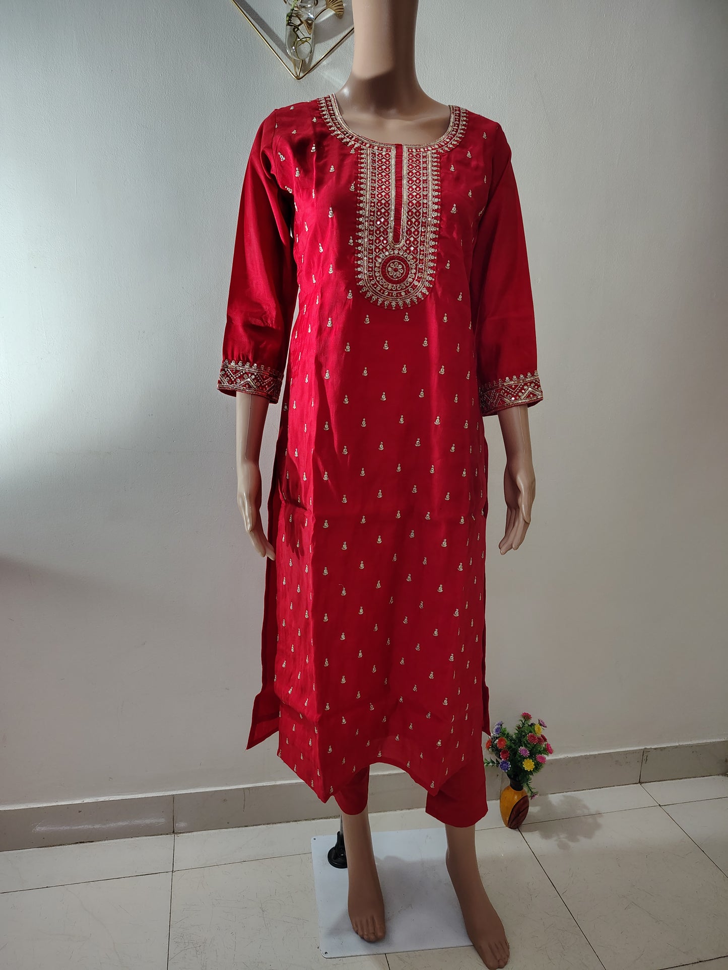 Red Roman Silk Embroidered Kurta Set for Women with Designer Floral Dupatta