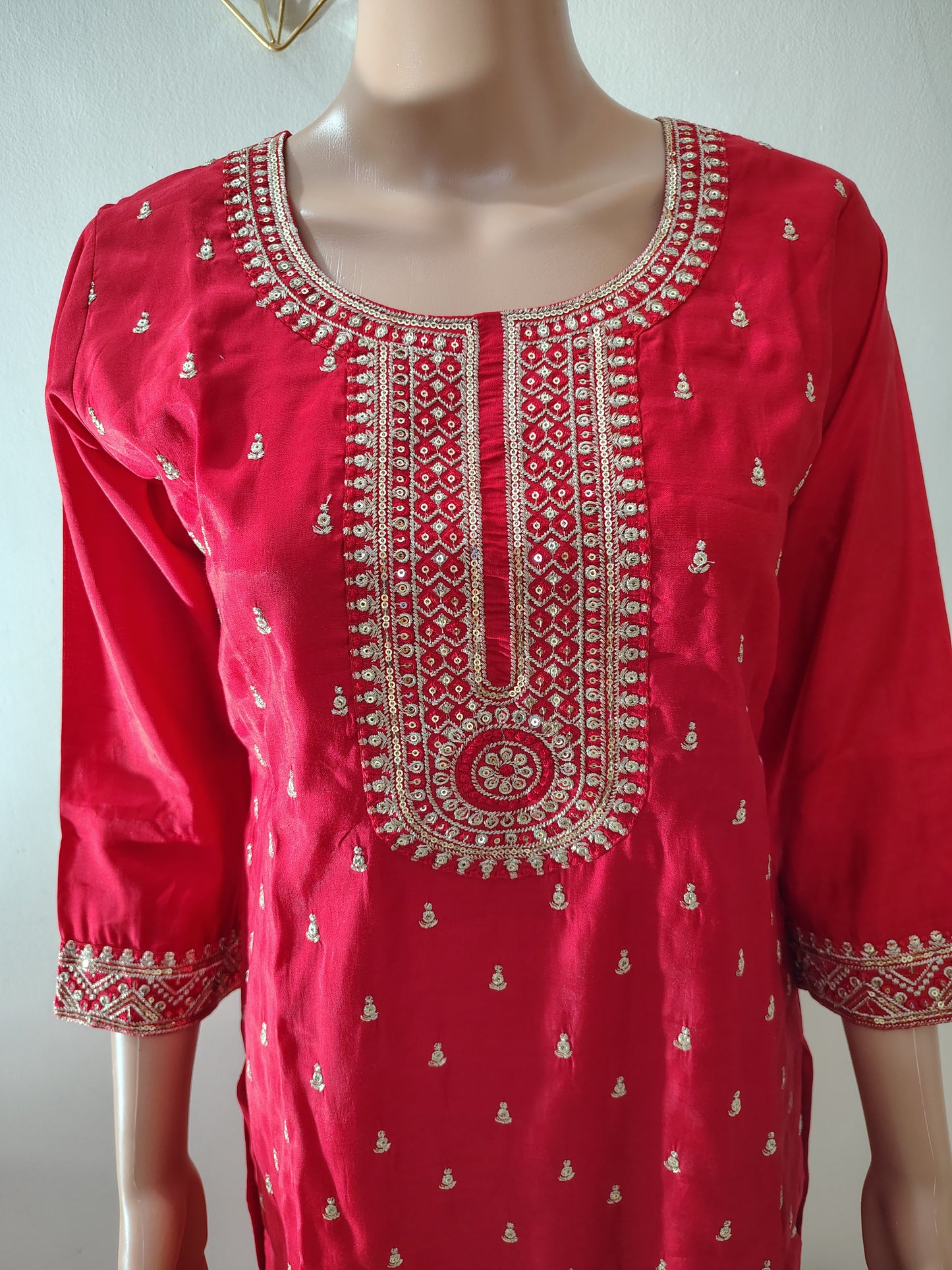 Red Roman Silk Embroidered Kurta Set for Women with Designer Floral Dupatta