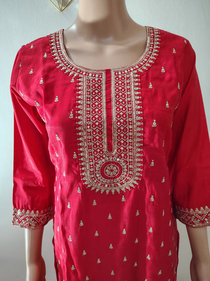 Red Roman Silk Embroidered Kurta Set for Women with Designer Floral Dupatta