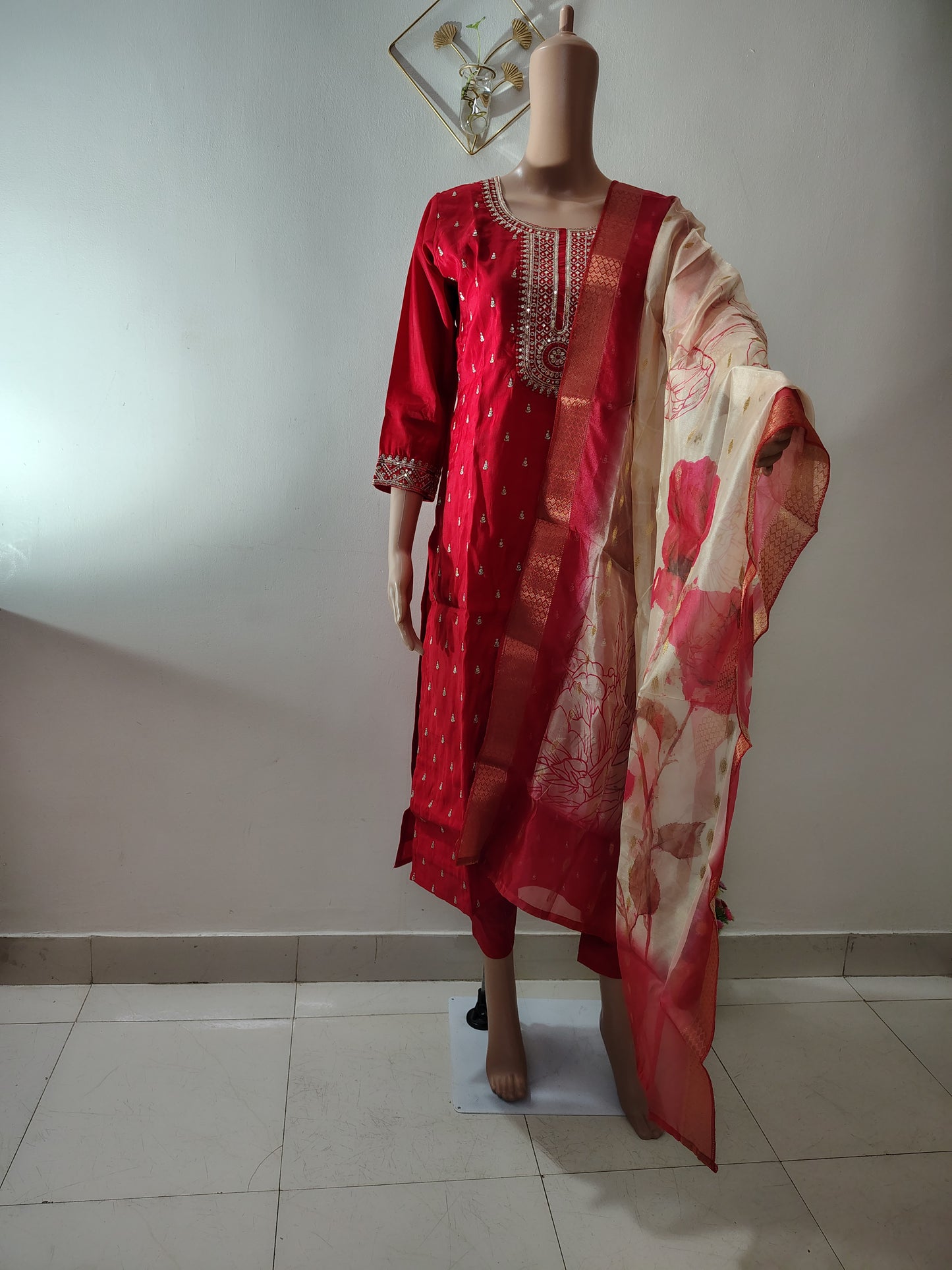 Red Roman Silk Embroidered Kurta Set for Women with Designer Floral Dupatta