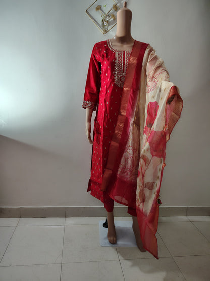 Red Roman Silk Embroidered Kurta Set for Women with Designer Floral Dupatta