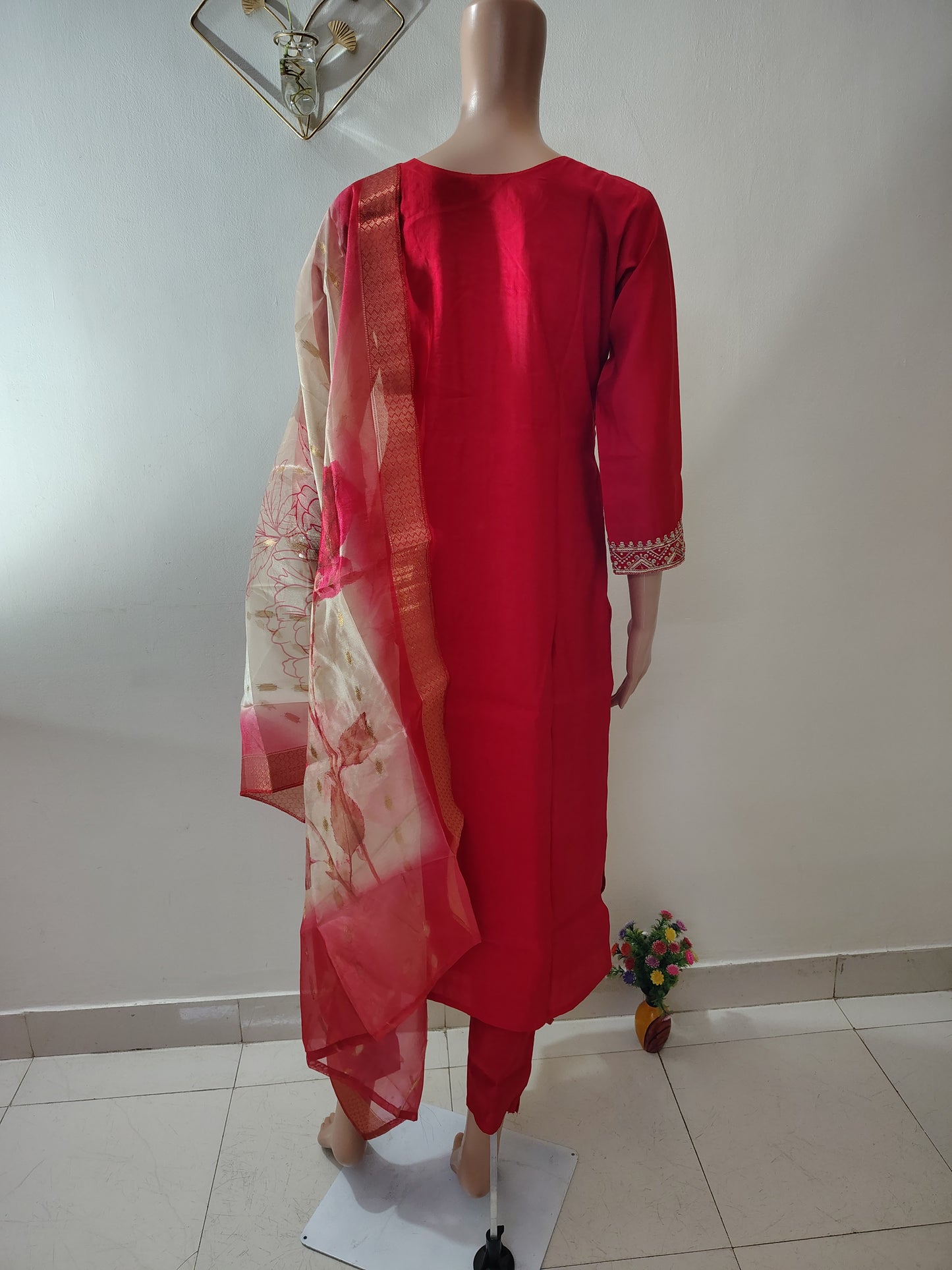 Red Roman Silk Embroidered Kurta Set for Women with Designer Floral Dupatta