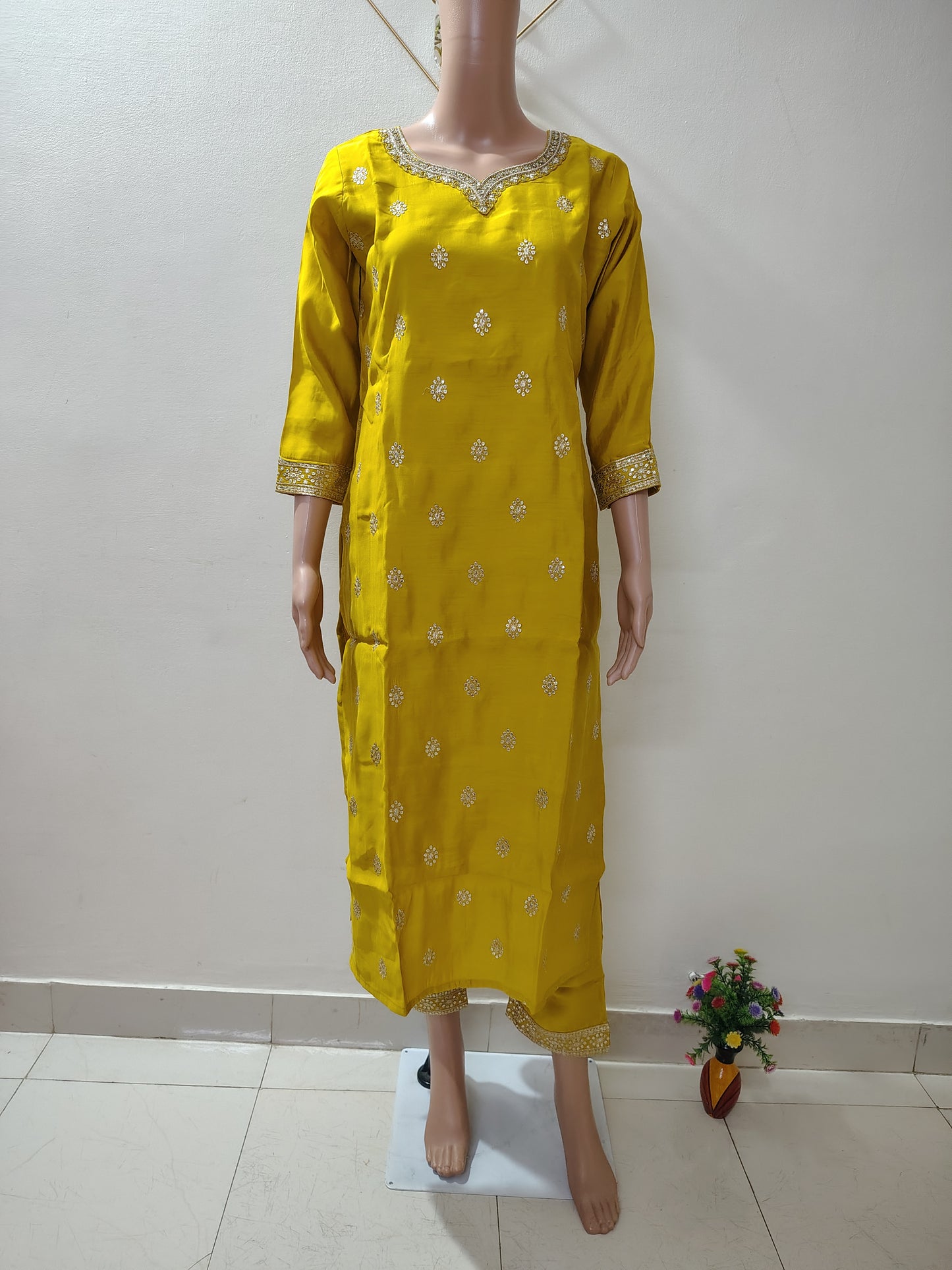 Yellow Roman Silk Embroidered Kurta Set for Women – Wedding & Festive Collection
