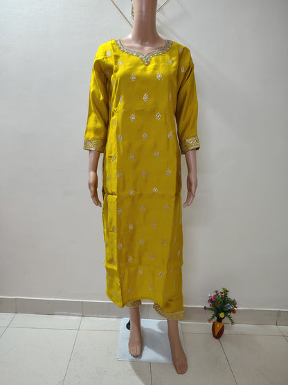 Yellow Roman Silk Embroidered Kurta Set for Women – Wedding & Festive Collection