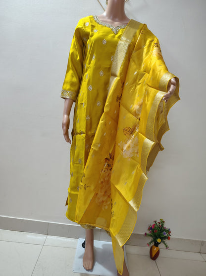 Yellow Roman Silk Embroidered Kurta Set for Women – Wedding & Festive Collection