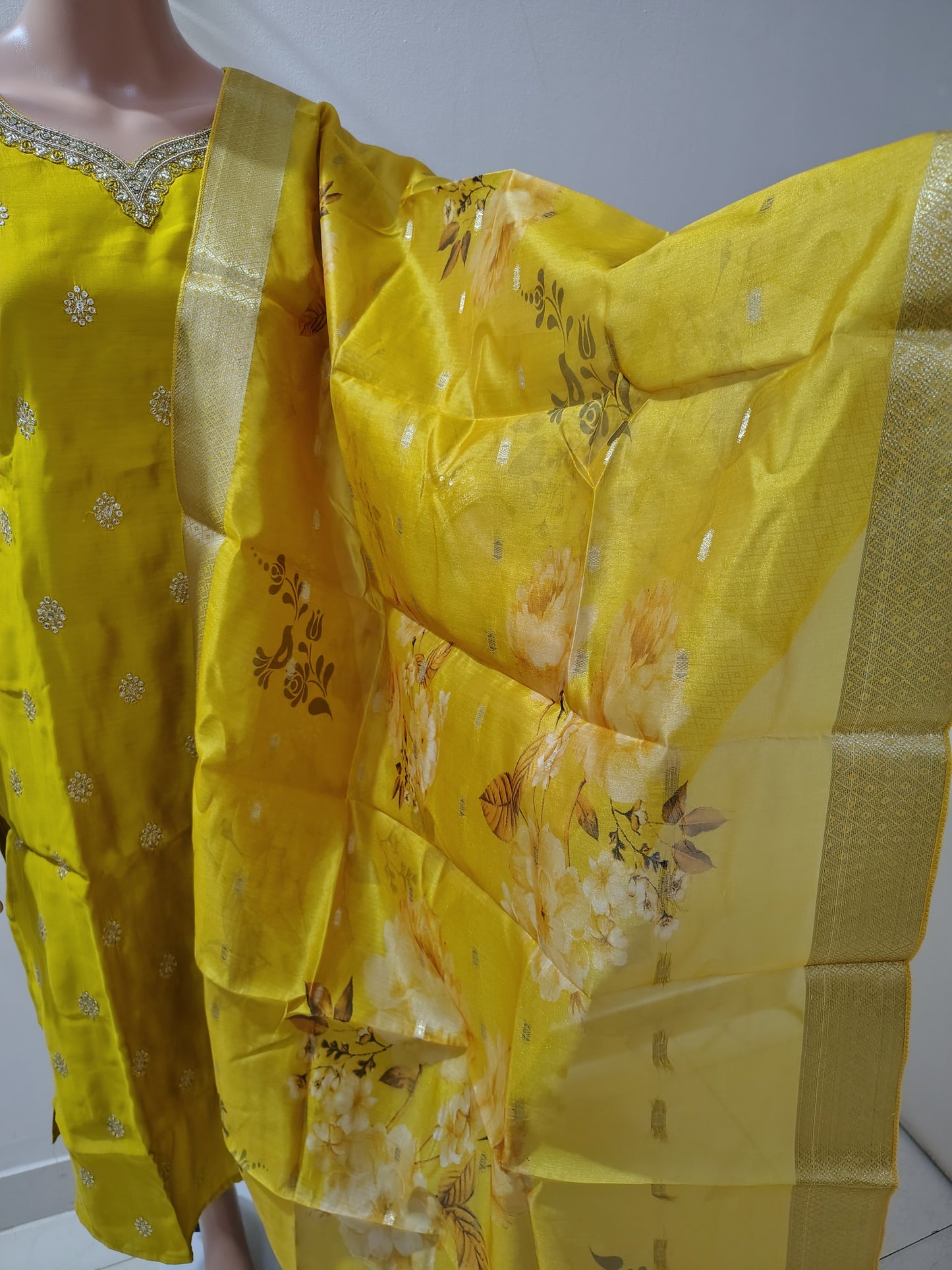 Yellow Roman Silk Embroidered Kurta Set for Women – Wedding & Festive Collection