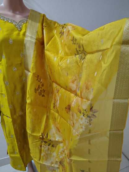Yellow Roman Silk Embroidered Kurta Set for Women – Wedding & Festive Collection