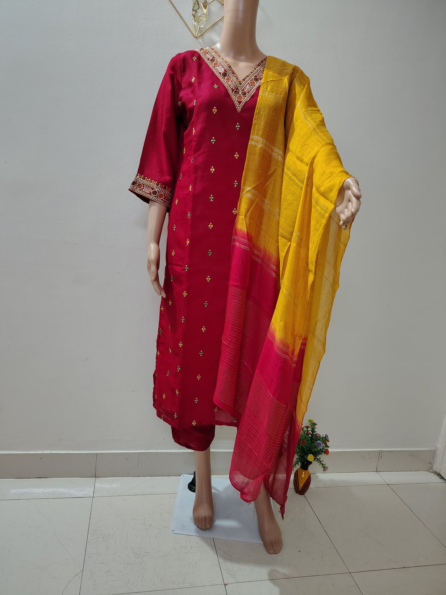 Rani Pink Silk Kurta Set with Zari Embroidery & Contrast Mustard Dupatta for Festive & Party Wear
