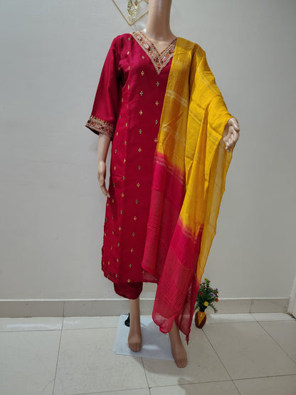 Rani Pink Silk Kurta Set with Zari Embroidery & Contrast Mustard Dupatta for Festive & Party Wear