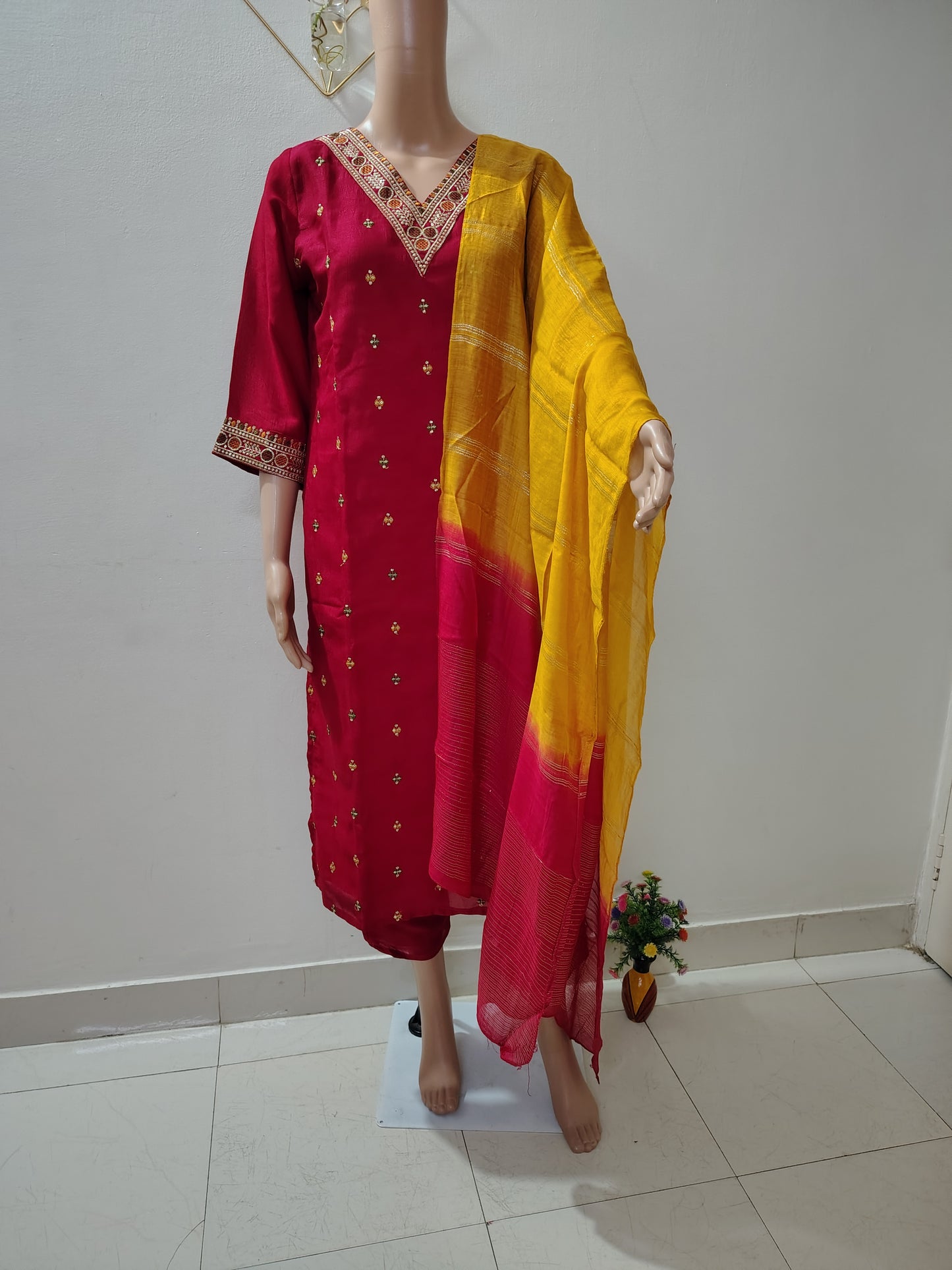 Rani Pink Silk Kurta Set with Zari Embroidery & Contrast Mustard Dupatta for Festive & Party Wear