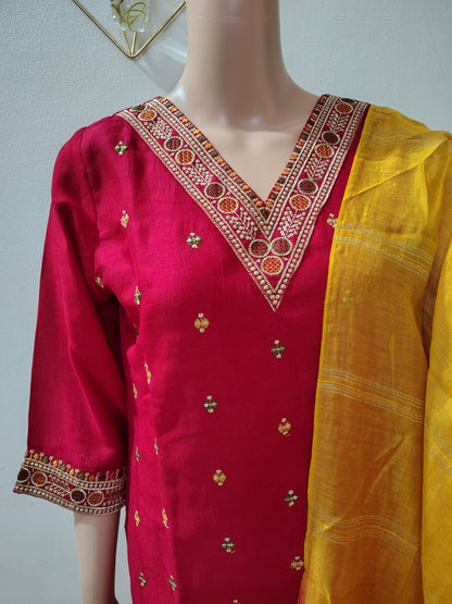 Rani Pink Silk Kurta Set with Zari Embroidery & Contrast Mustard Dupatta for Festive & Party Wear