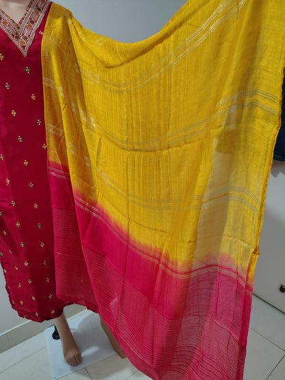Rani Pink Silk Kurta Set with Zari Embroidery & Contrast Mustard Dupatta for Festive & Party Wear