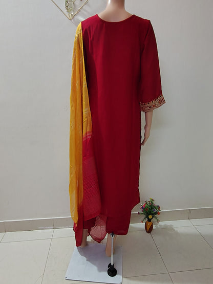 Rani Pink Silk Kurta Set with Zari Embroidery & Contrast Mustard Dupatta for Festive & Party Wear