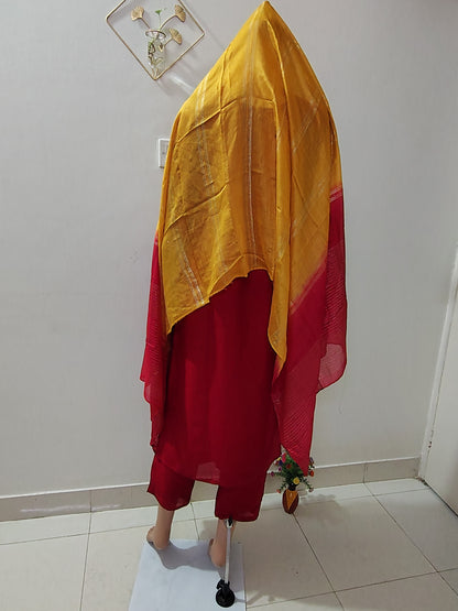 Rani Pink Silk Kurta Set with Zari Embroidery & Contrast Mustard Dupatta for Festive & Party Wear