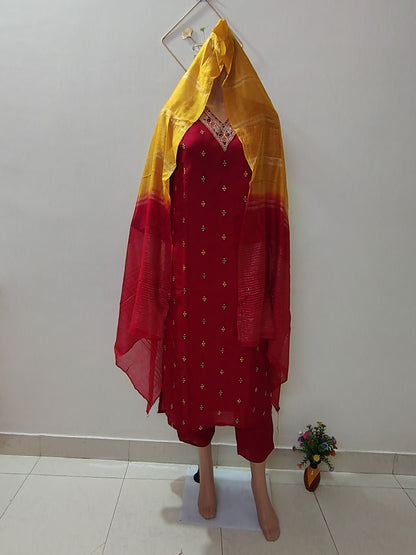 Rani Pink Silk Kurta Set with Zari Embroidery & Contrast Mustard Dupatta for Festive & Party Wear