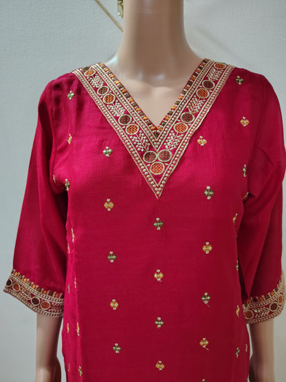 Rani Pink Silk Kurta Set with Zari Embroidery & Contrast Mustard Dupatta for Festive & Party Wear
