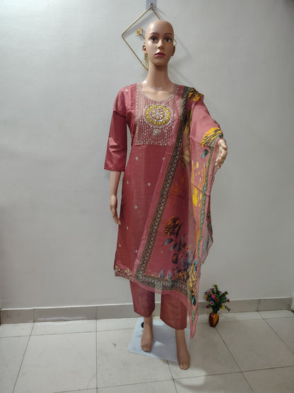 Dusty Rose Embroidered Suit Set with Floral Organza Dupatta for Women