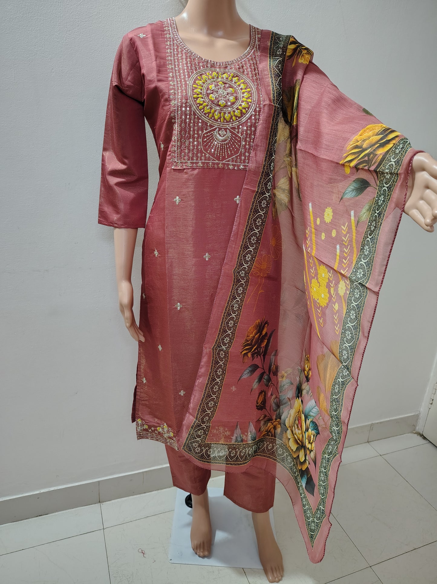 Dusty Rose Embroidered Suit Set with Floral Organza Dupatta for Women
