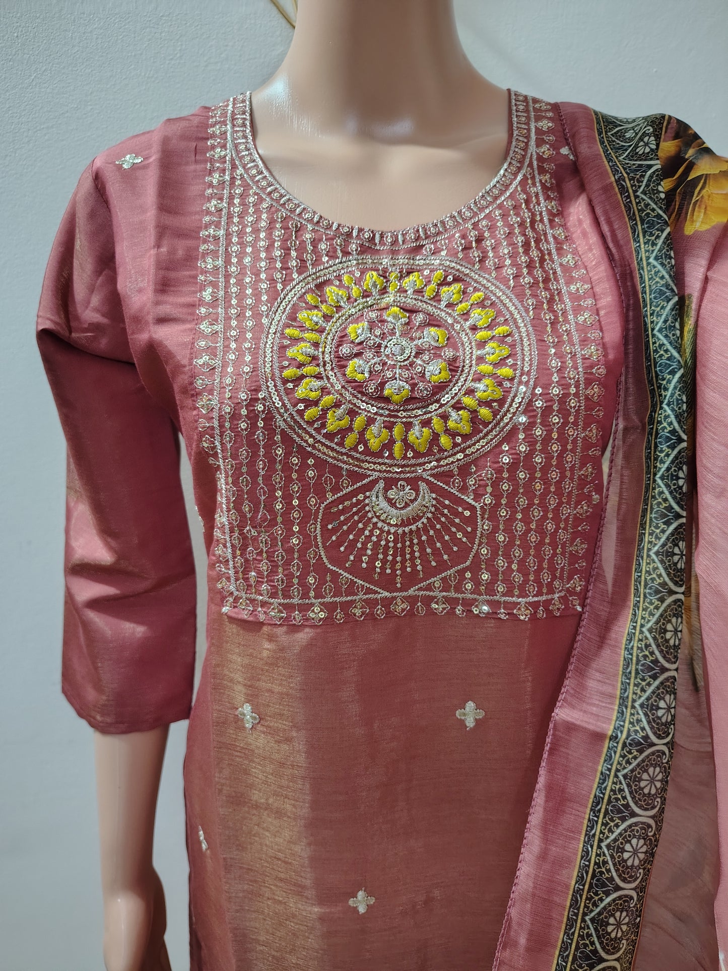 Dusty Rose Embroidered Suit Set with Floral Organza Dupatta for Women