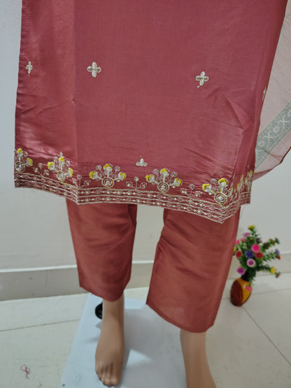 Dusty Rose Embroidered Suit Set with Floral Organza Dupatta for Women
