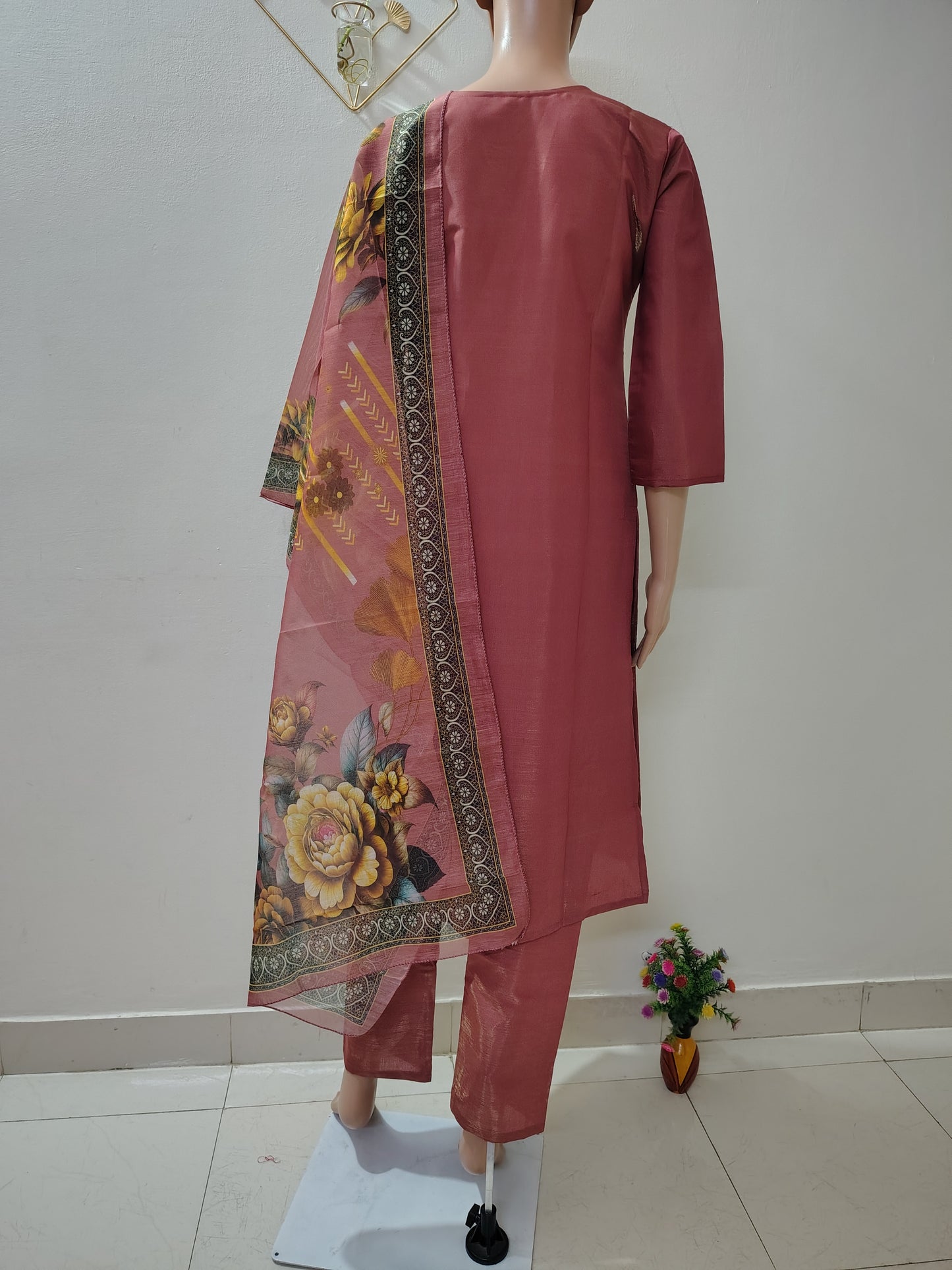 Dusty Rose Embroidered Suit Set with Floral Organza Dupatta for Women