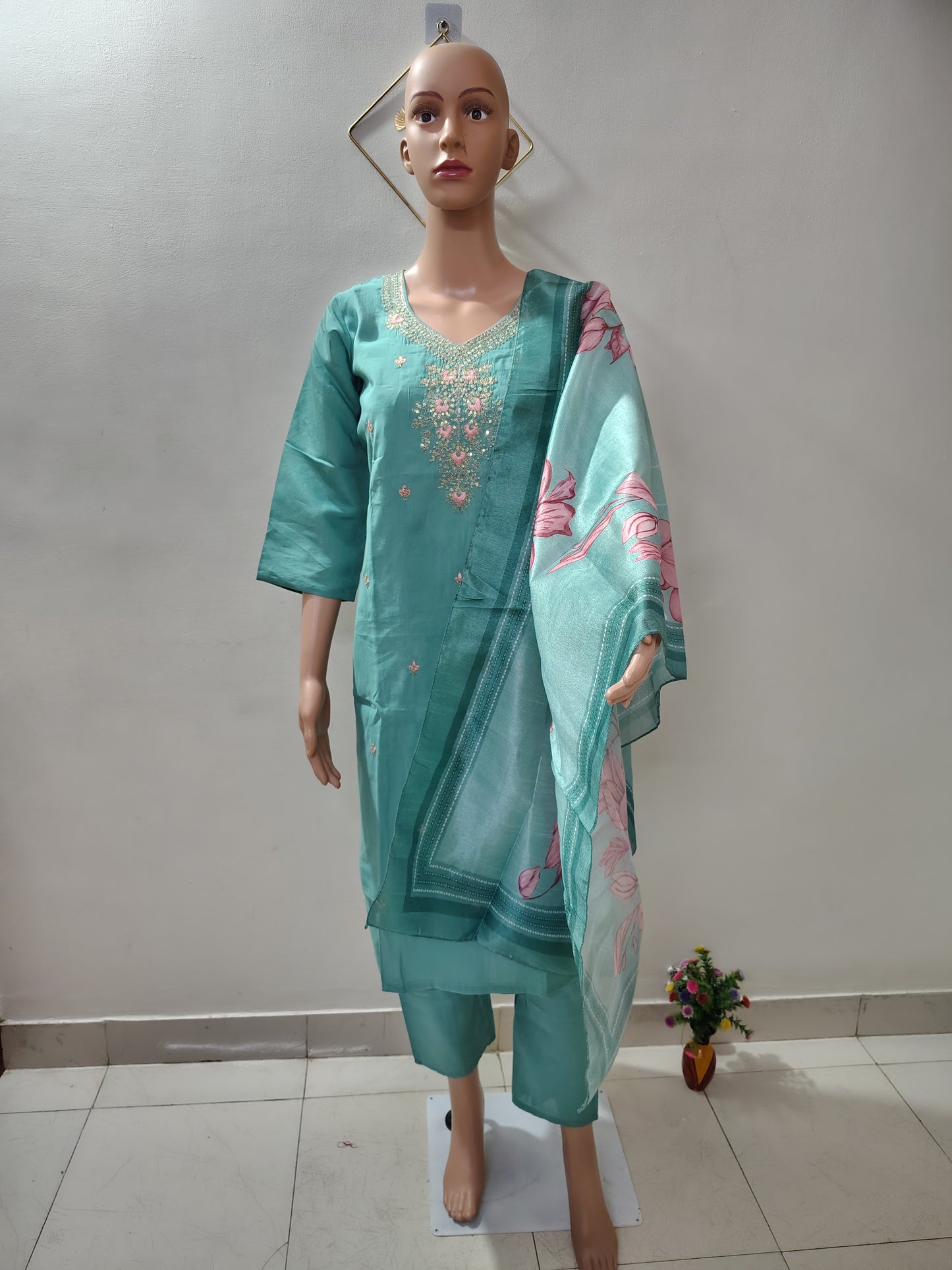 Sea Green Embroidered Suit Set with Floral Organza Dupatta for Women