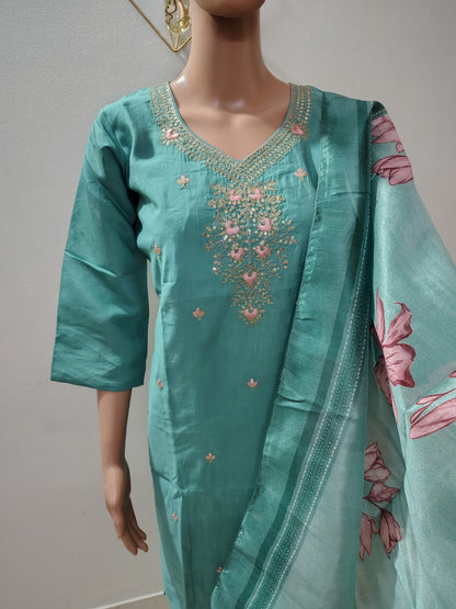 Sea Green Embroidered Suit Set with Floral Organza Dupatta for Women