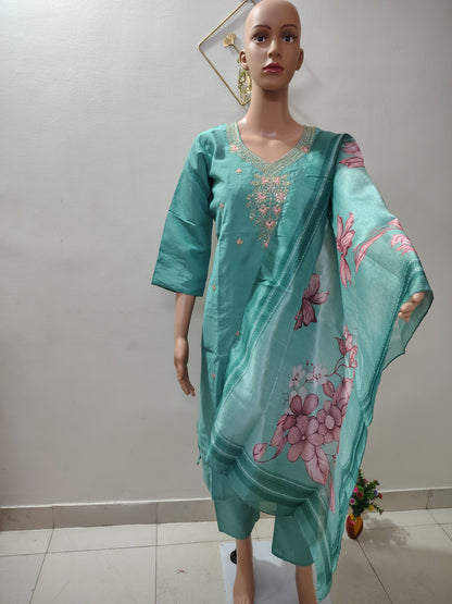 Sea Green Embroidered Suit Set with Floral Organza Dupatta for Women