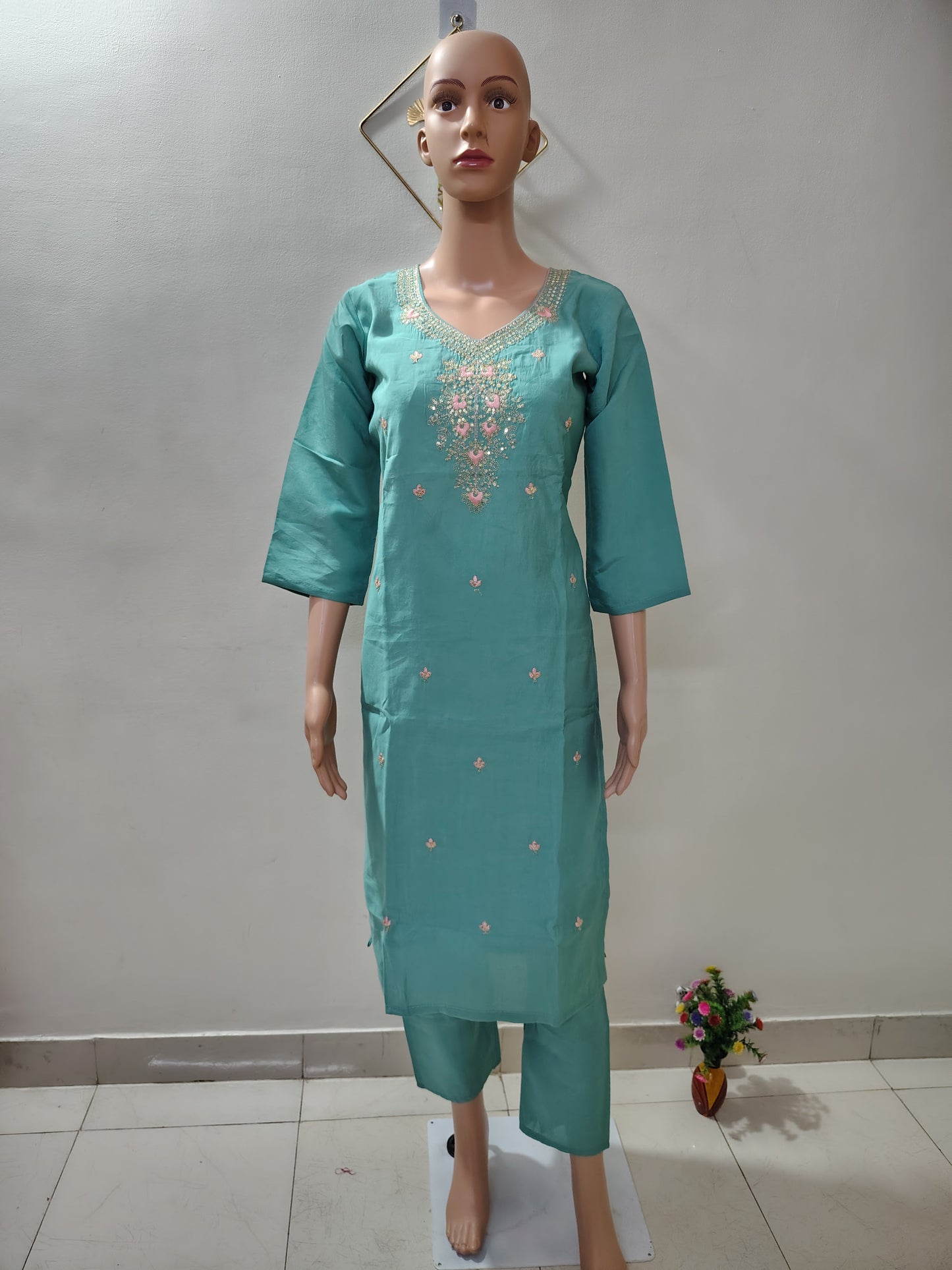 Sea Green Embroidered Suit Set with Floral Organza Dupatta for Women