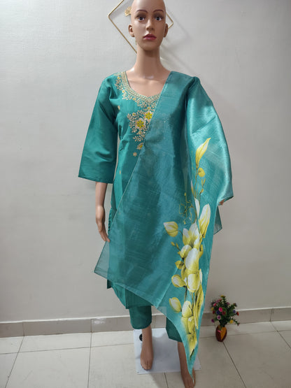 Teal Green Embroidered Suit Set with Floral Organza Dupatta for Women