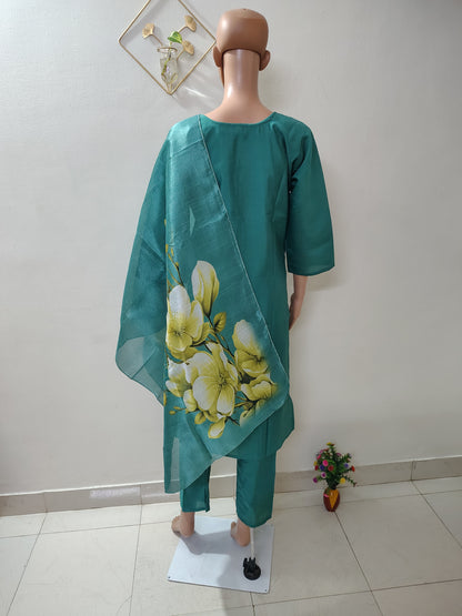 Teal Green Embroidered Suit Set with Floral Organza Dupatta for Women