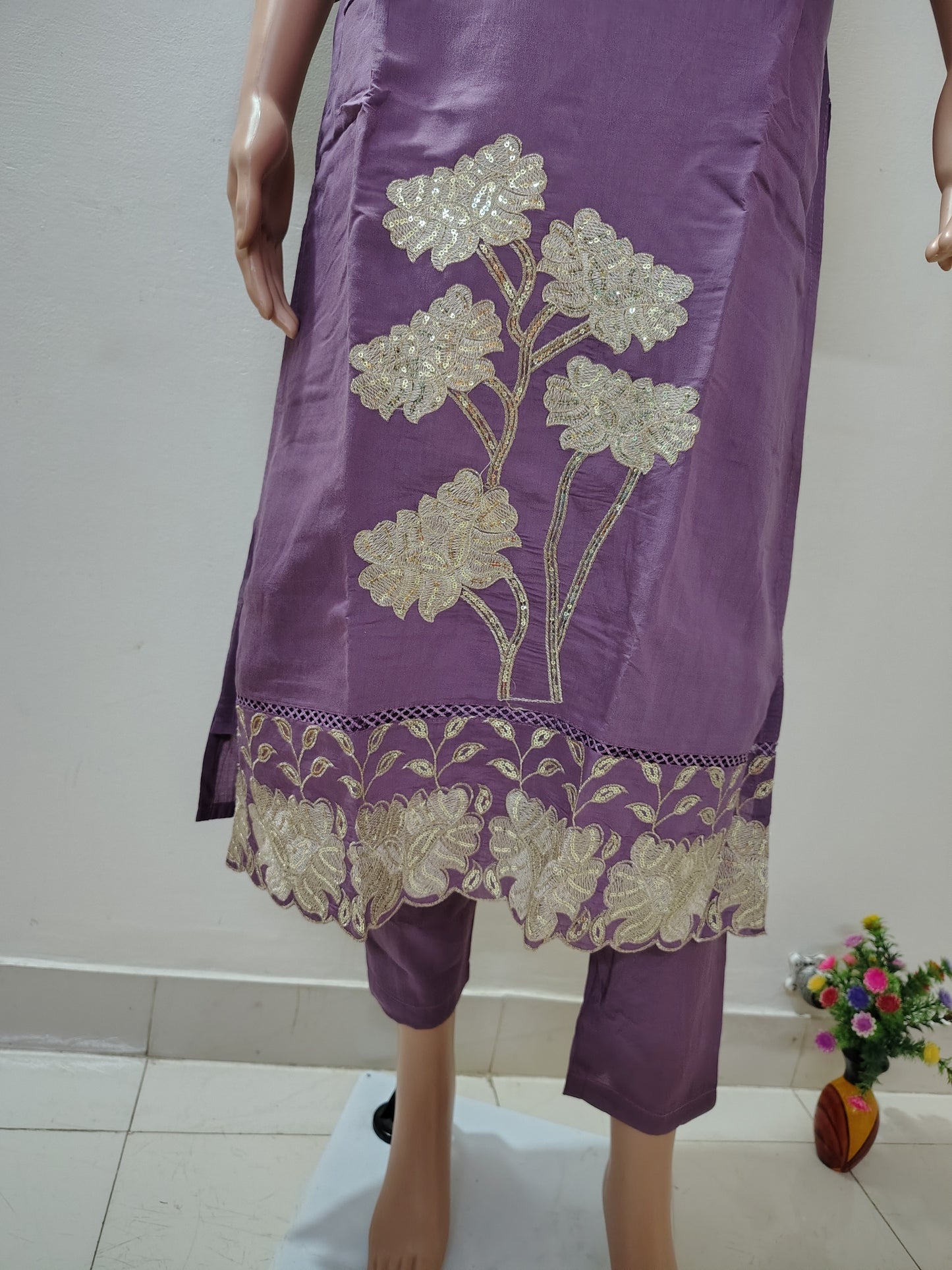 Lavender Roman Silk Suit Set with Sequins & Thread Embroidery Festive & Wedding Wear for Women DESI RAUNAK