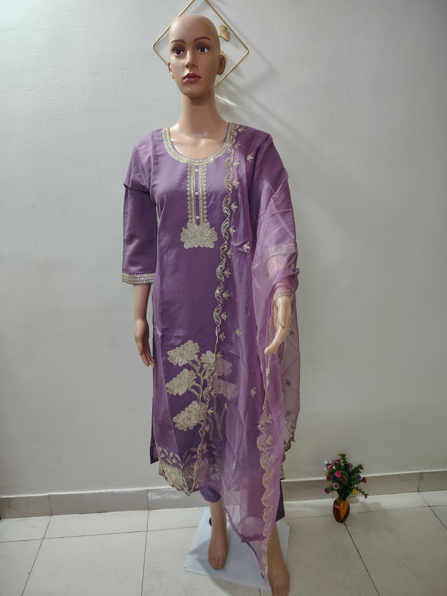 Lavender Roman Silk Suit Set with Sequins & Thread Embroidery Festive & Wedding Wear for Women DESI RAUNAK