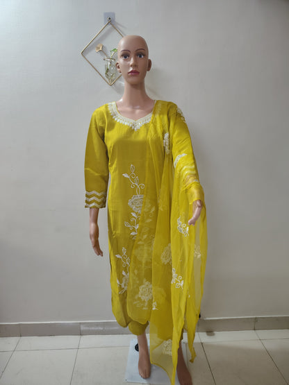Mustard Yellow Roman Silk Suit Set with Sequin & Thread Embroidery Neck and Elegant Dupatta