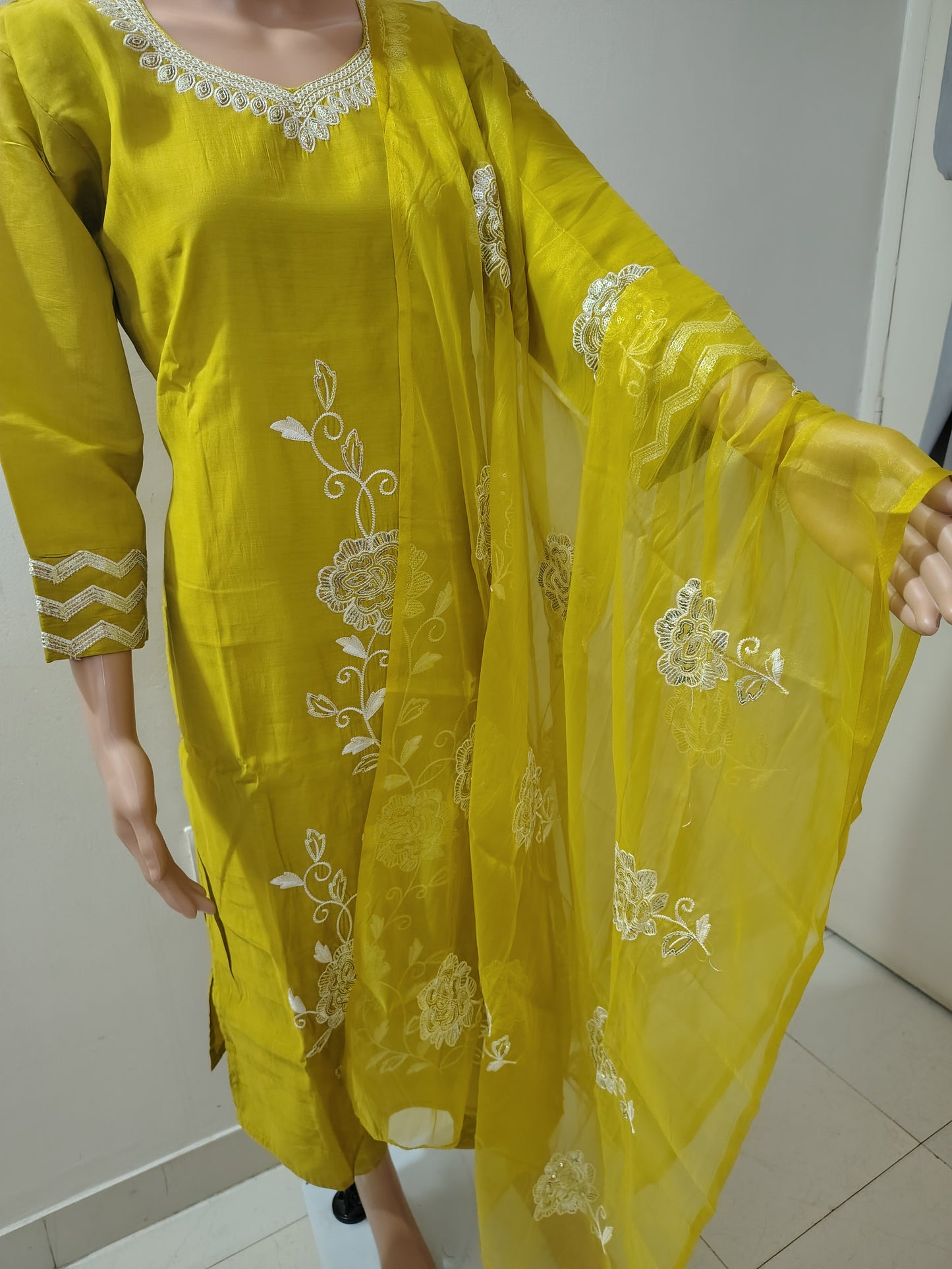 Mustard Yellow Roman Silk Suit Set with Sequin & Thread Embroidery Neck and Elegant Dupatta