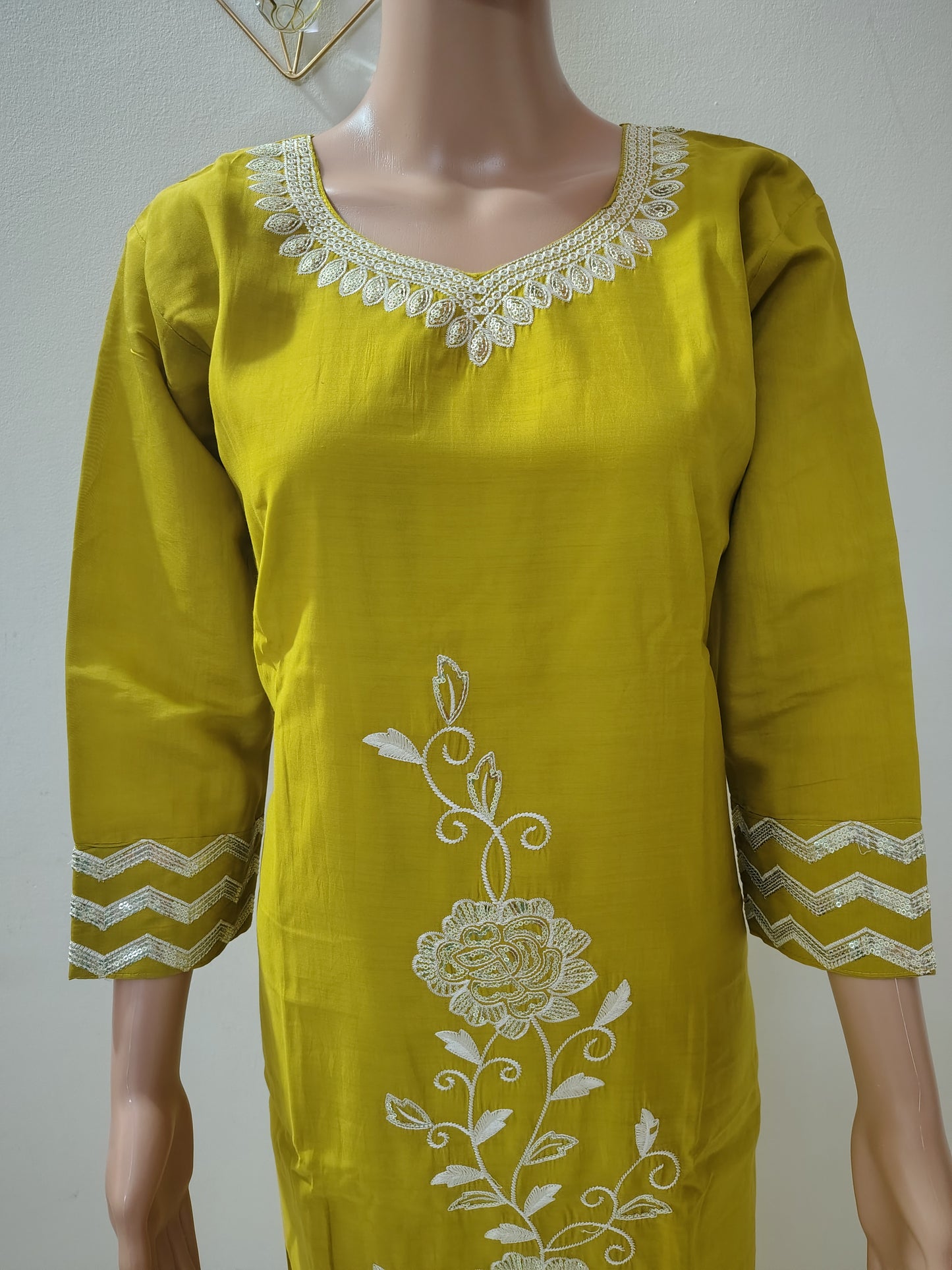 Mustard Yellow Roman Silk Suit Set with Sequin & Thread Embroidery Neck and Elegant Dupatta