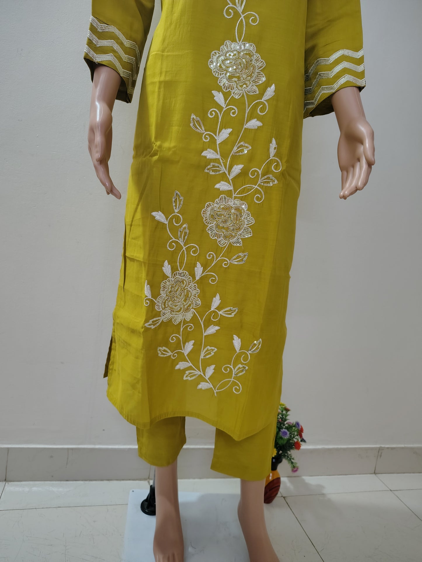 Mustard Yellow Roman Silk Suit Set with Sequin & Thread Embroidery Neck and Elegant Dupatta