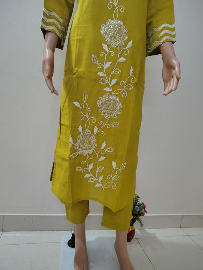 Mustard Yellow Roman Silk Suit Set with Sequin & Thread Embroidery Neck and Elegant Dupatta