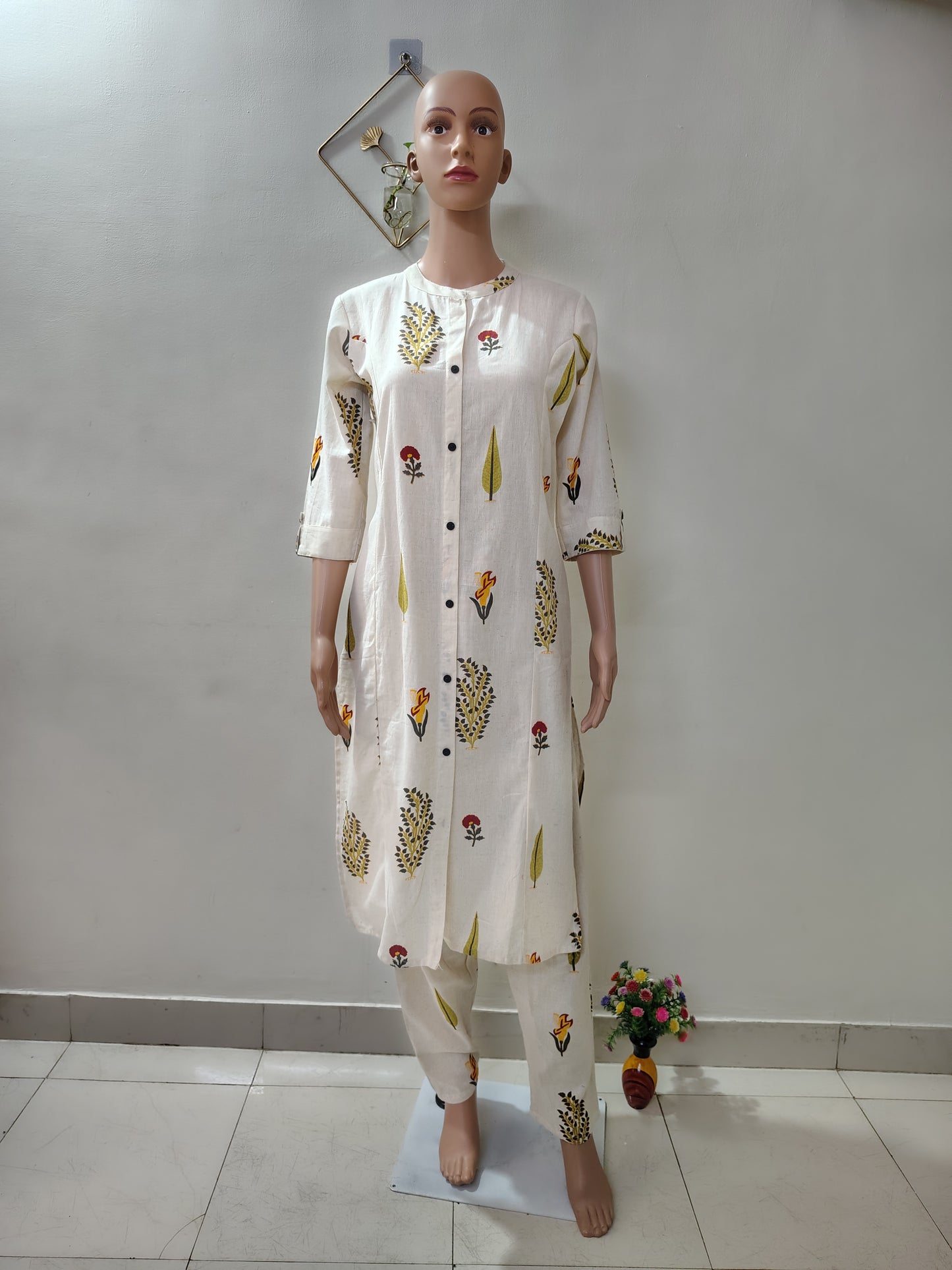 Off-White Printed Khadi Cotton Long Co-Ord Set for Women