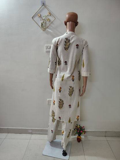 Off-White Printed Khadi Cotton Long Co-Ord Set for Women