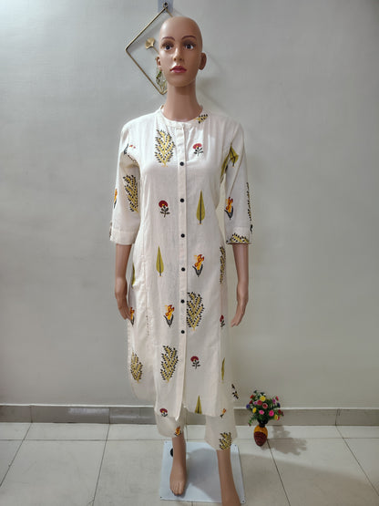 Off-White Printed Khadi Cotton Long Co-Ord Set for Women