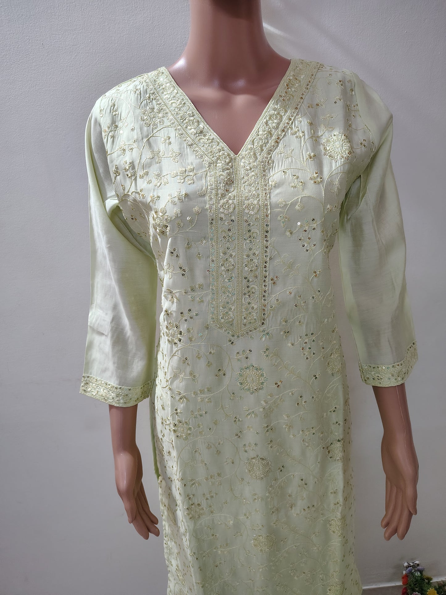 Pastel Green Roman Silk Embroidered Kurta Set for Women – Ethnic Summer Collection