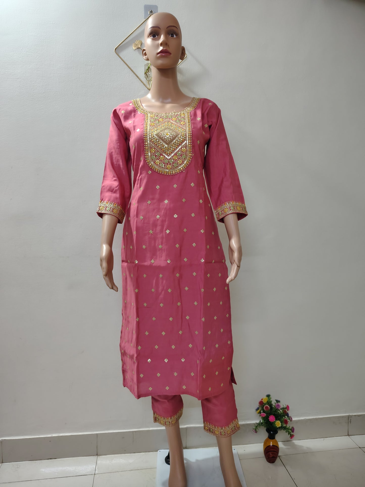 Rose Pink Roman Silk Kurta Set with Floral Dupatta – Festive & Wedding Wear for Women