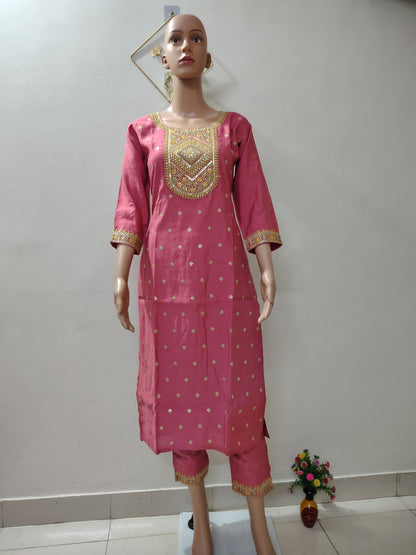 Rose Pink Roman Silk Kurta Set with Floral Dupatta – Festive & Wedding Wear for Women