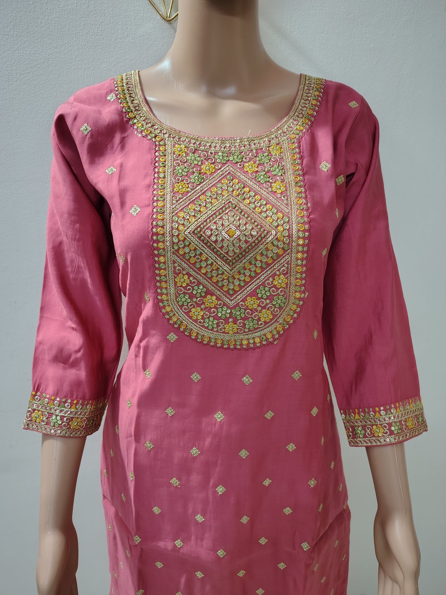 Rose Pink Roman Silk Kurta Set with Floral Dupatta – Festive & Wedding Wear for Women
